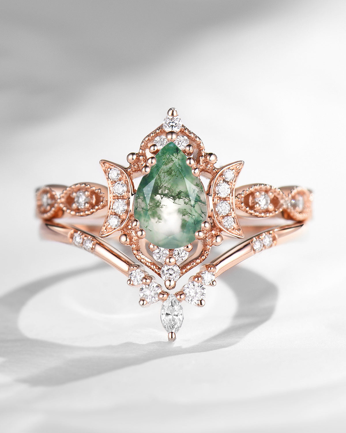 Crescent Moon | Unique Pear Shape Moss Agate Engagement Ring Set 2pcs - Luna