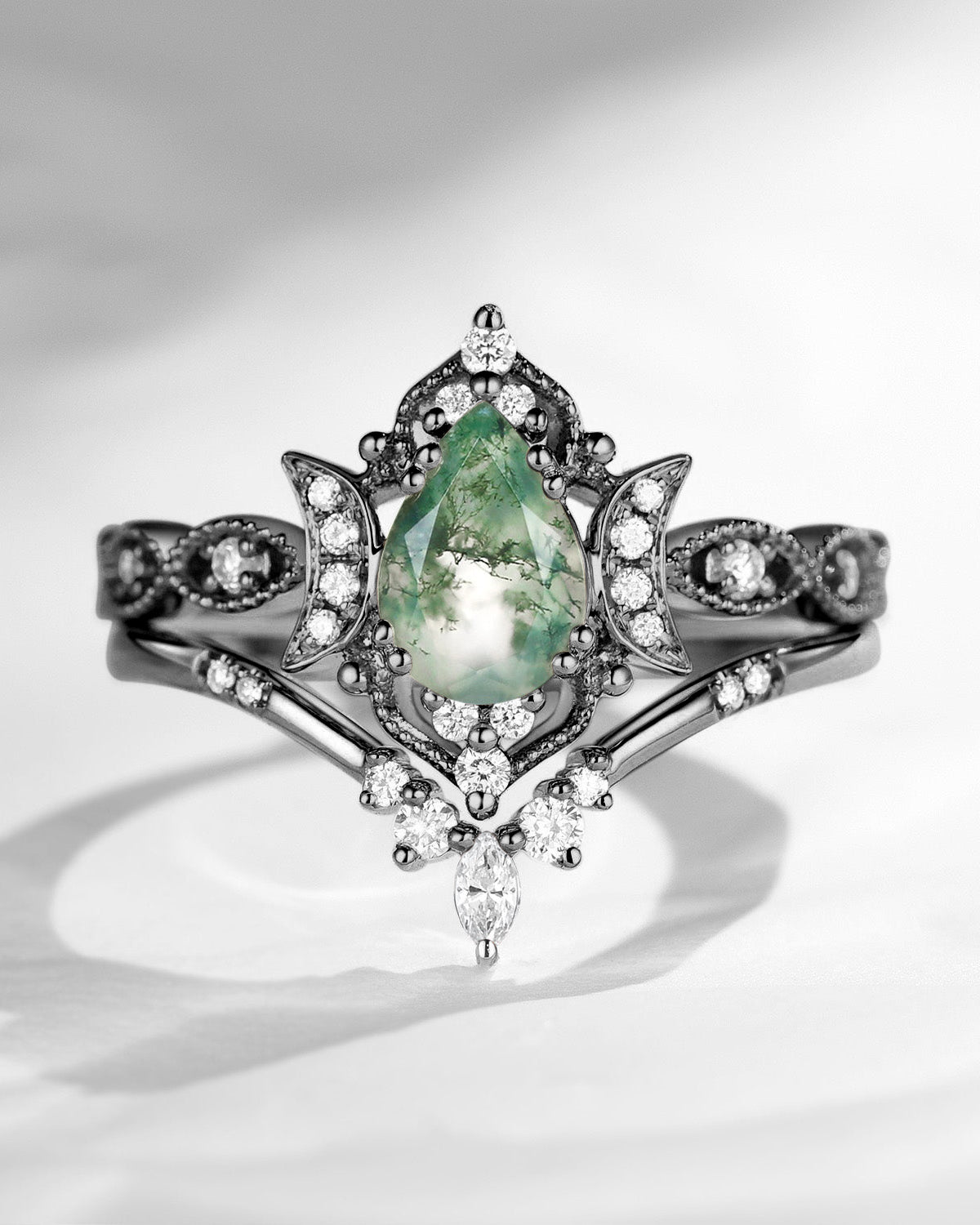 Crescent Moon | Unique Pear Shape Moss Agate Black Gold Engagement Ring Set 2pcs - Luna