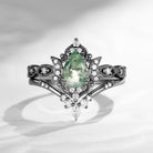 Crescent Moon | Unique Pear Shape Moss Agate Black Gold Engagement Ring Set 2pcs - Luna