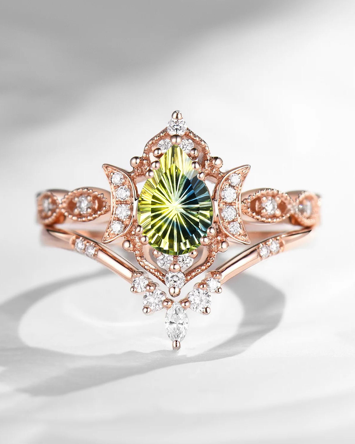 Crescent Moon | Fantasy Cut Pear Natural Multi-Colored Sapphire Engagement Ring Set 2pcs - Luna