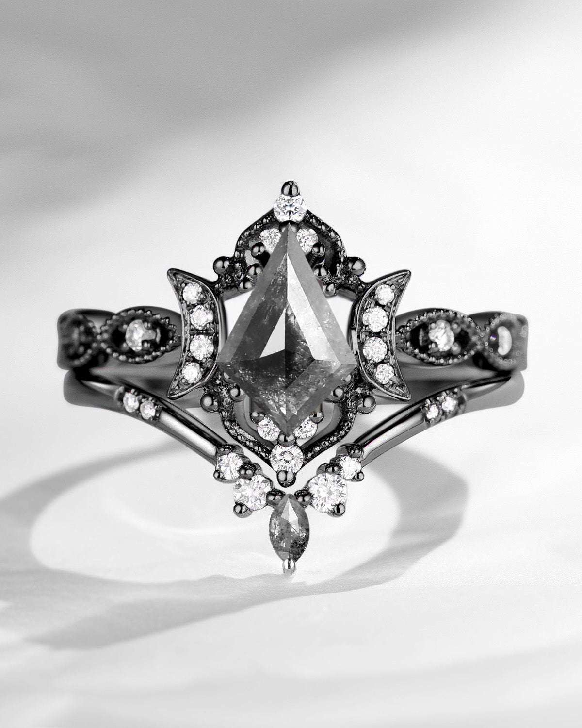 Crescent Moon | Unique Kite Cut Natural Salt And Pepper Diamond Black Gold Engagement Ring Set 2pcs - Luna