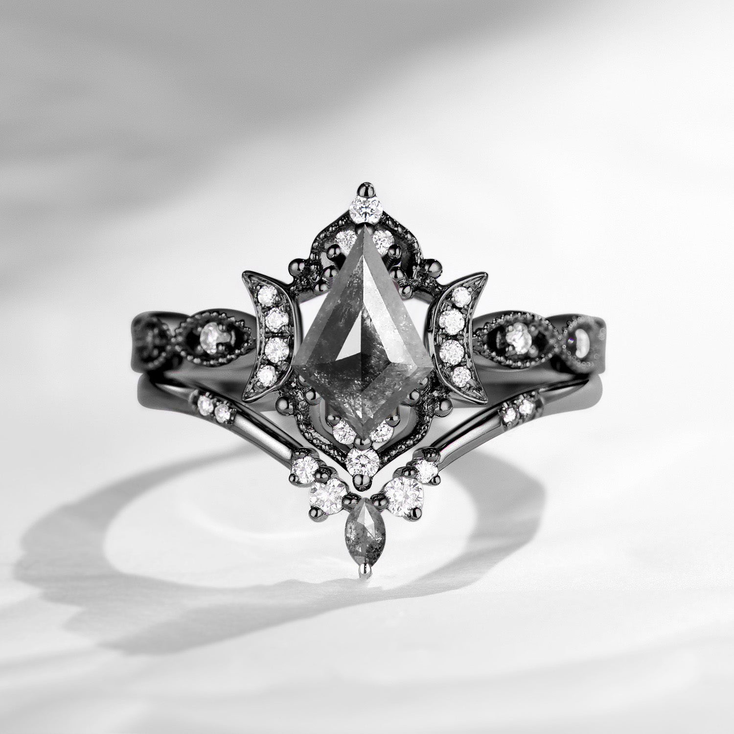Crescent Moon | Unique Kite Cut Natural Salt And Pepper Diamond Black Gold Engagement Ring Set 2pcs - Luna