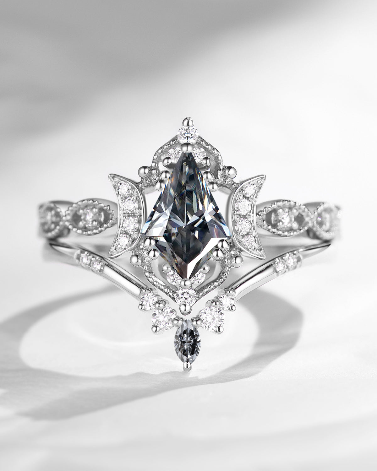 Crescent Moon | Kite Cut Unique Grey Moissanite Engagement Ring Set 2pcs - Luna
