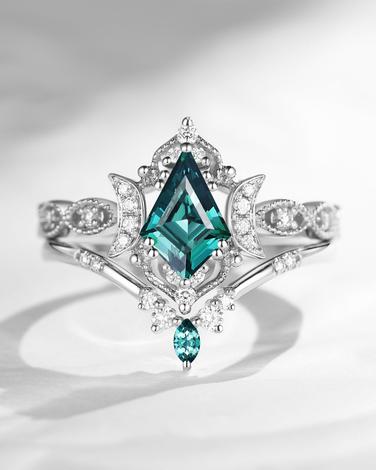 Crescent Moon | Unique Kite Cut Lab Teal Sapphire Engagement Ring Set 2pcs - Luna