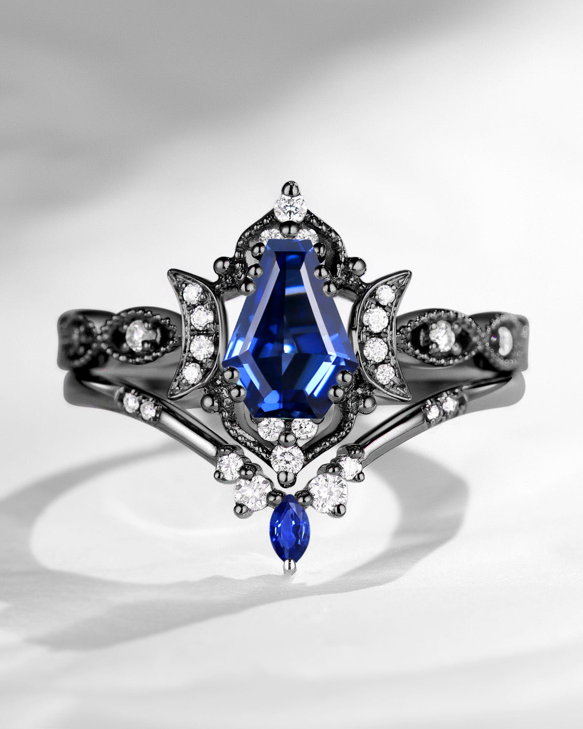 Crescent Moon | Unique Coffin Cut Lab Sapphire Engagement Ring Set 2pcs - Luna