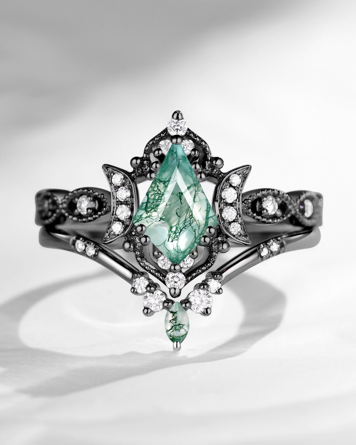 Crescent Moon | Kite Cut Unique Moss Agate Engagement Ring Set 2pcs - Luna