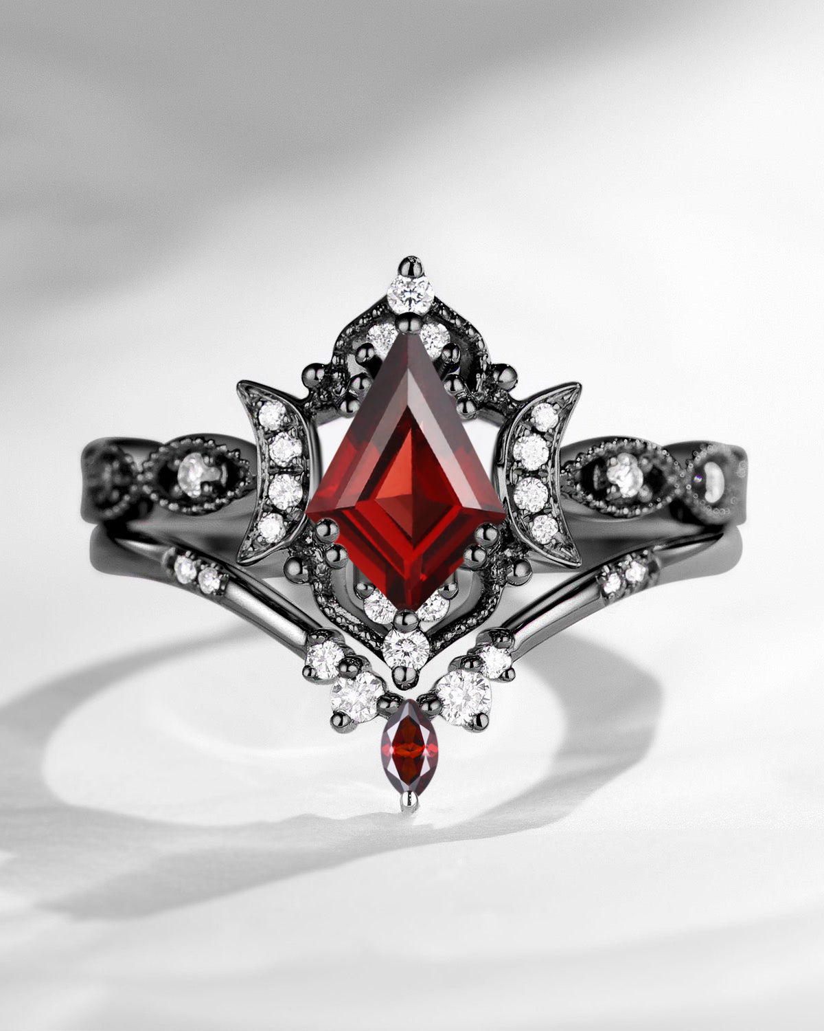Crescent Moon | Kite Cut Unique Garnet Engagement Ring Set 2pcs - Luna