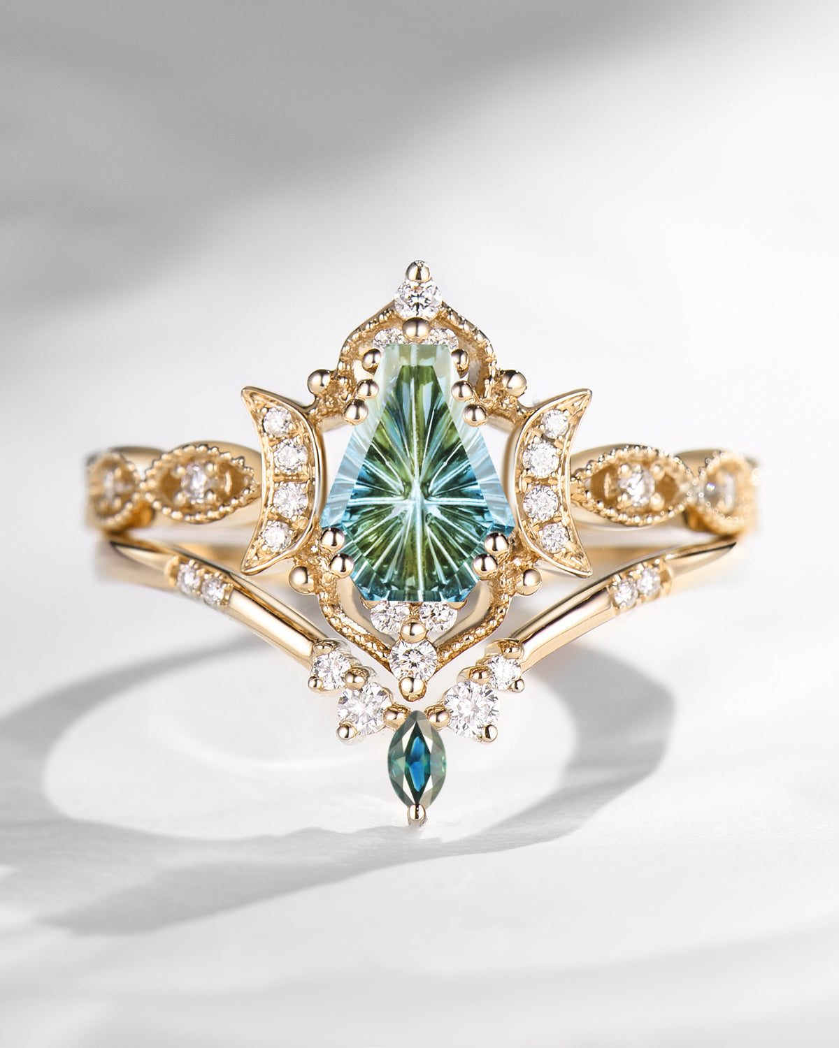Crescent Moon | Fantasy Cut Coffin Shaped Natural Multi-Colored Sapphire Engagement Ring Set 2pcs - Luna
