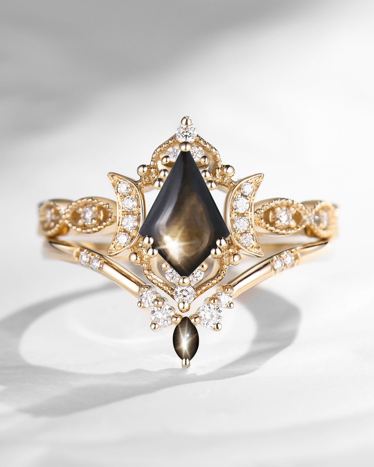 Crescent Moon | Unique Kite Cut Natural Black Star Sapphire Engagement Ring Set 2pcs - Luna