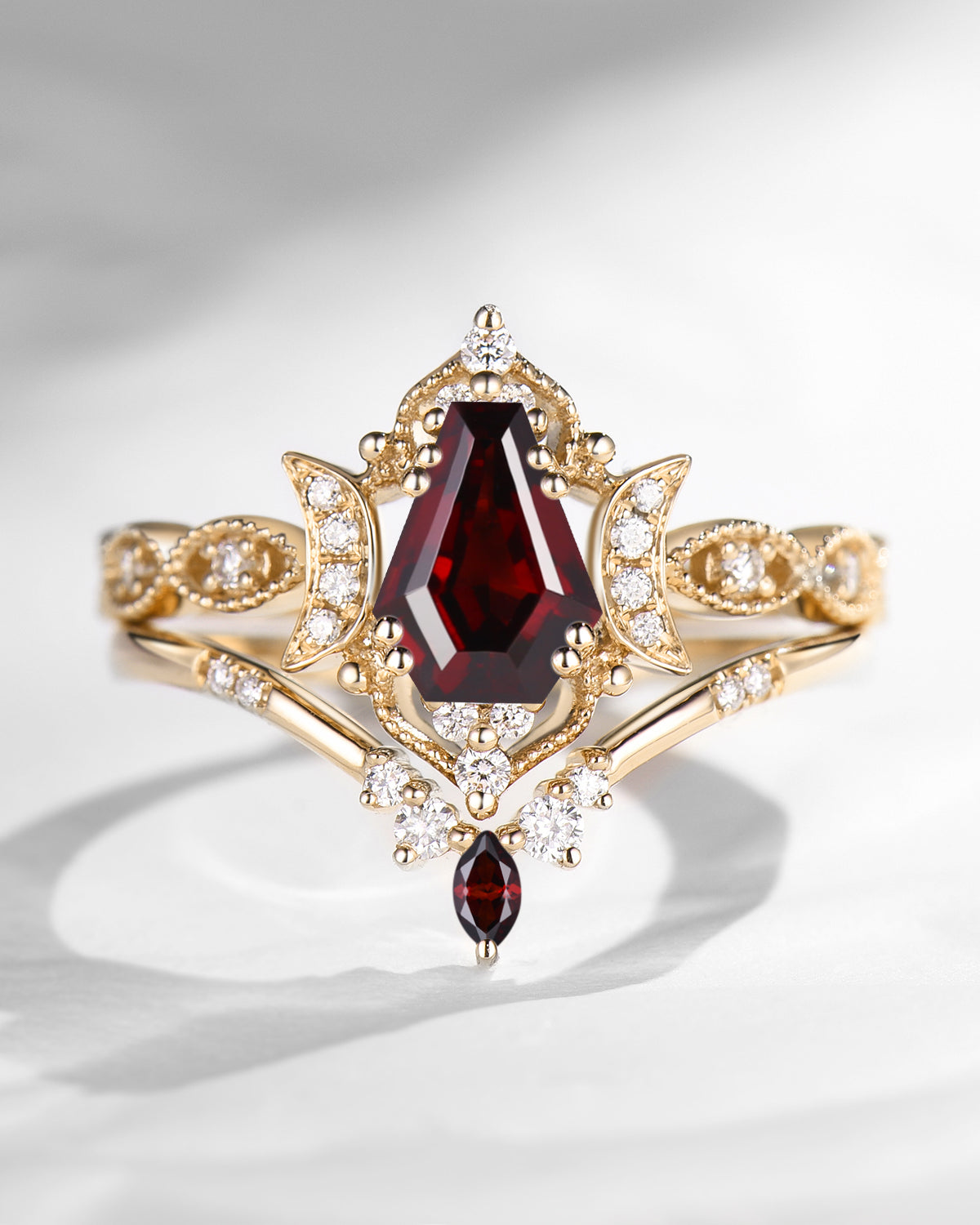 Crescent Moon | Unique Coffin Cut Garnet Engagement Ring Set 2pcs - Luna