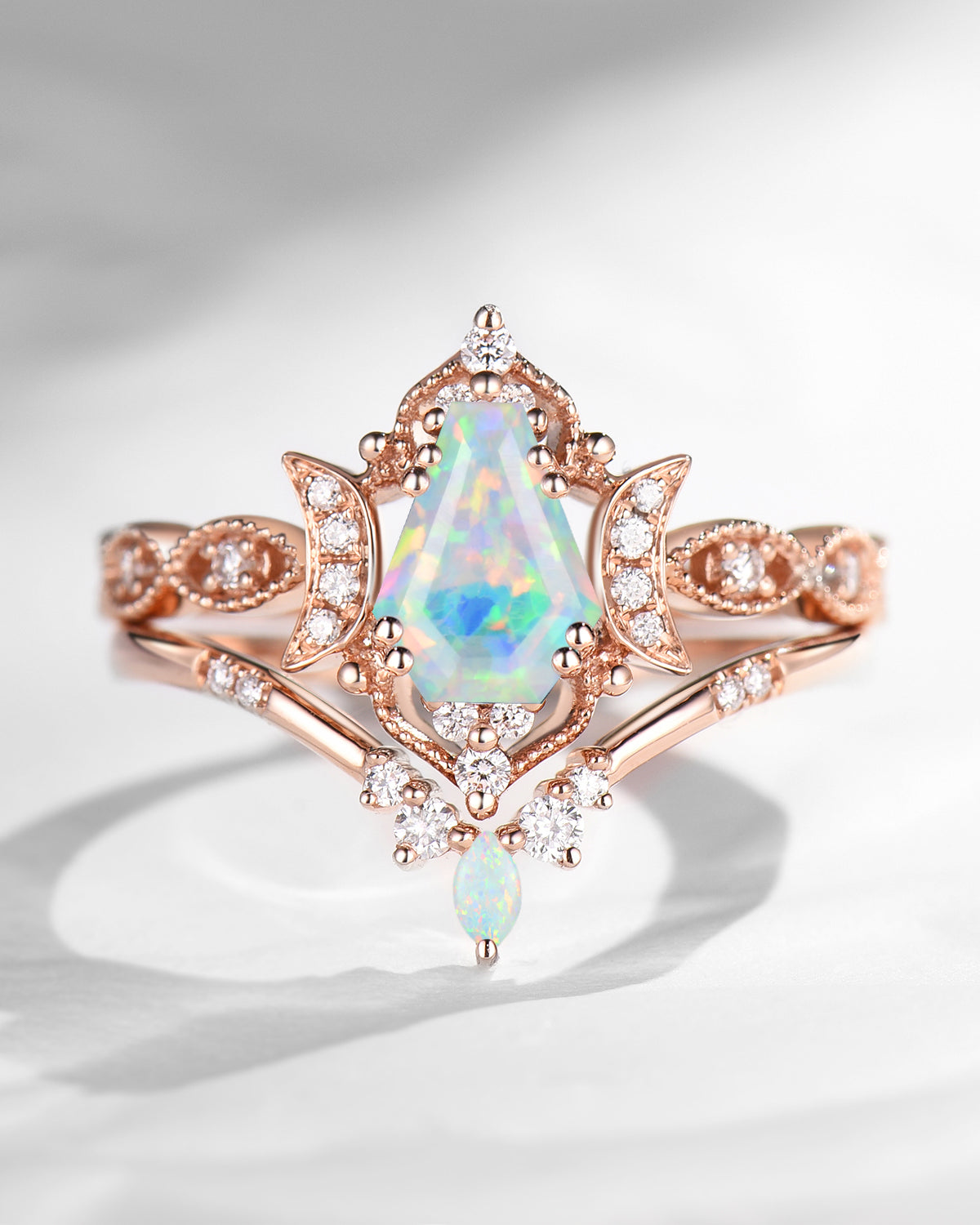 Crescent Moon | Unique Coffin Cut Lab Opal Engagement Ring Set 2pcs - Luna