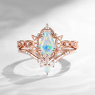 Crescent Moon | Unique Coffin Cut Lab Opal Engagement Ring Set 2pcs - Luna