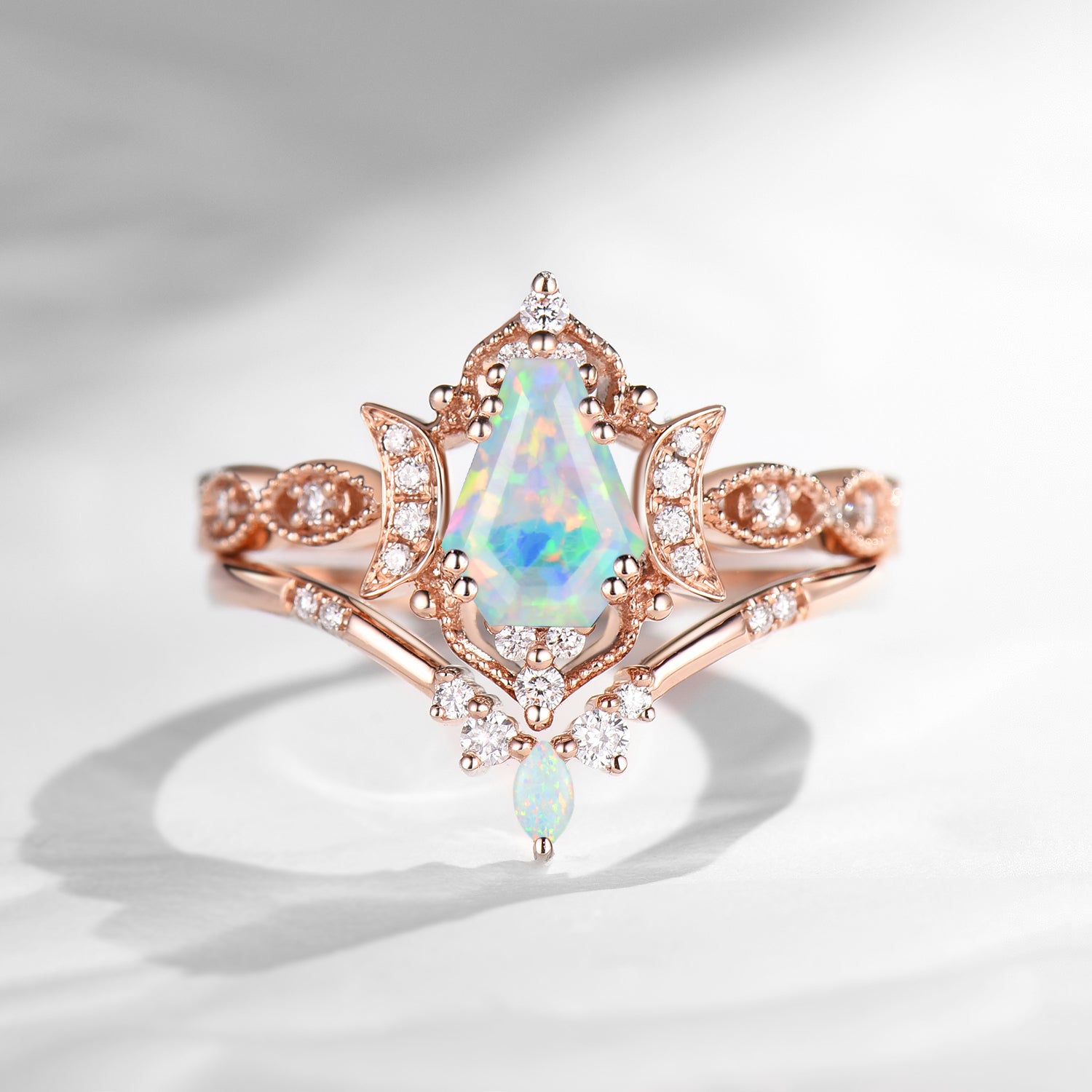 Crescent Moon | Unique Coffin Cut Lab Opal Engagement Ring Set 2pcs - Luna
