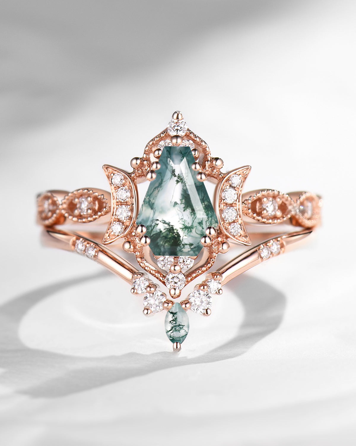 Crescent Moon | Unique Coffin Cut Moss Agate Engagement Ring Set 2pcs - Luna