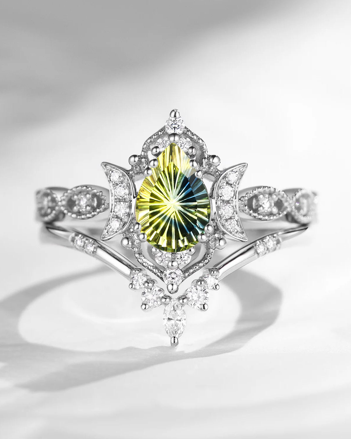 Crescent Moon | Fantasy Cut Pear Natural Multi-Colored Sapphire Engagement Ring Set 2pcs - Luna