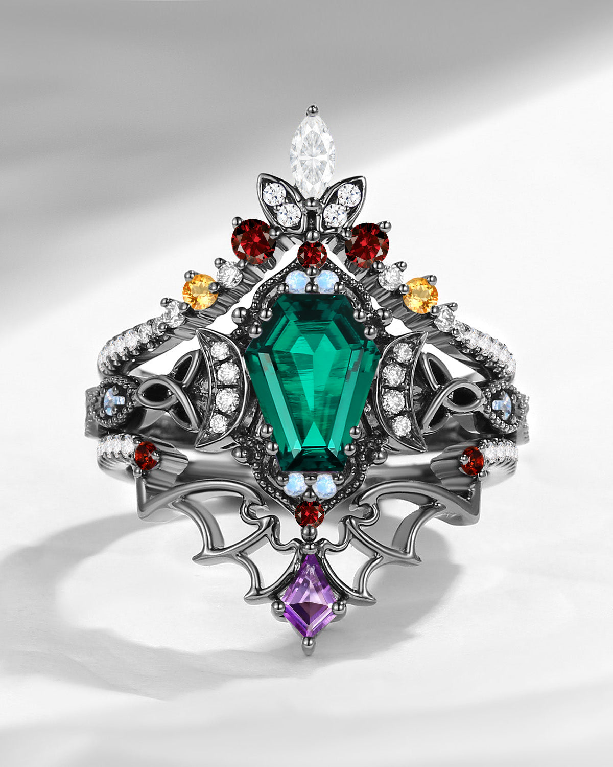 Crescent Moon | Unique Gothic Bat Coffin Lab Emerald Black Gold Celtic Knot Ring Set 3pcs