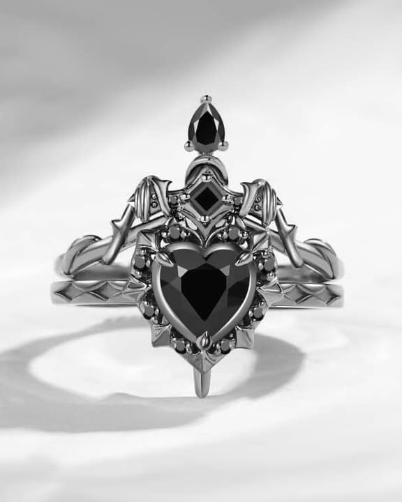 Unique Heart Shaped Black Diamond Sword Ring Alternative Bridal Set 2pcs - Cupid's Arrow