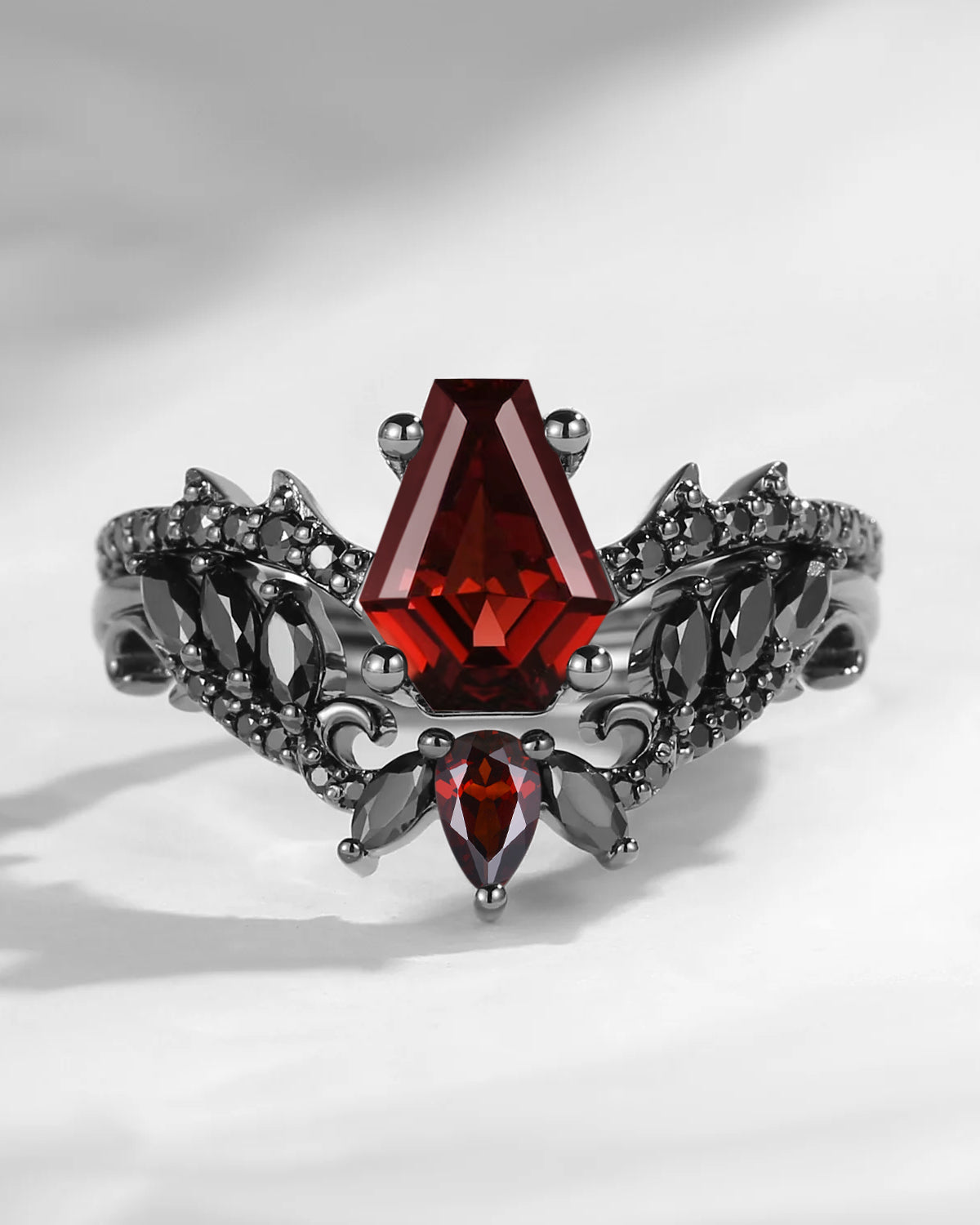 Gothic Style Coffin Garnet Vine And Thorns Engagement Ring 2pcs