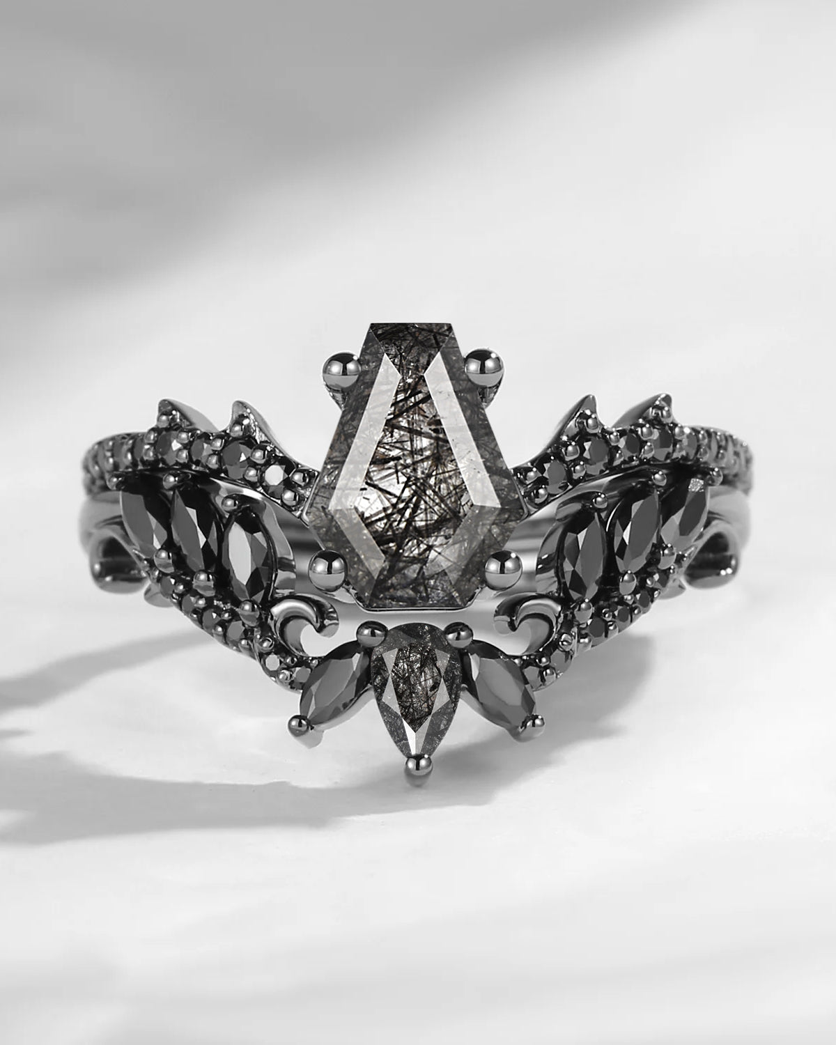 Gothic Style Coffin Black Rutilated Quartz Vine And Thorns Engagement Ring 2pcs
