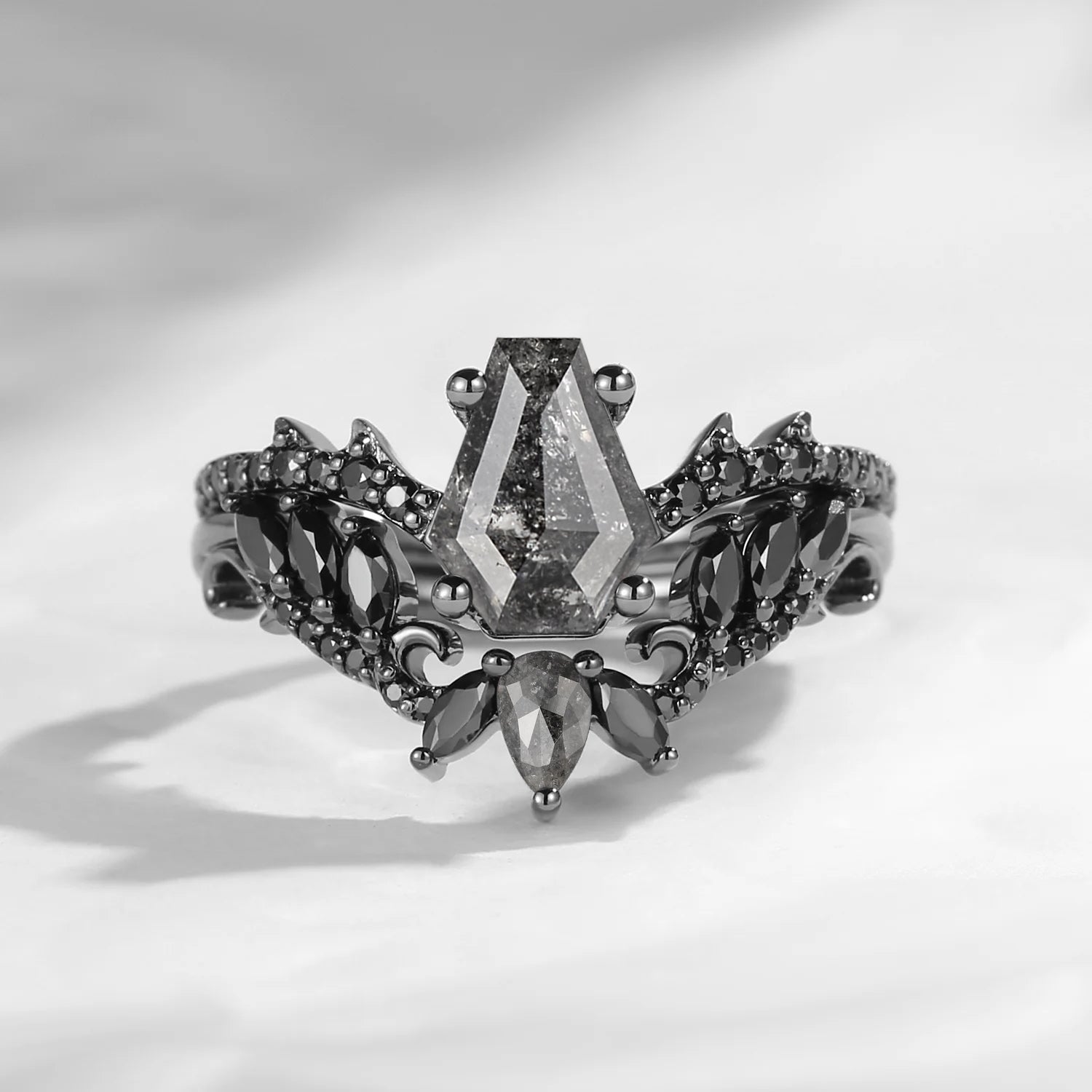 Gothic Style Coffin Salt And Pepper Diamond Vine And Thorns Engagement Ring 2pcs