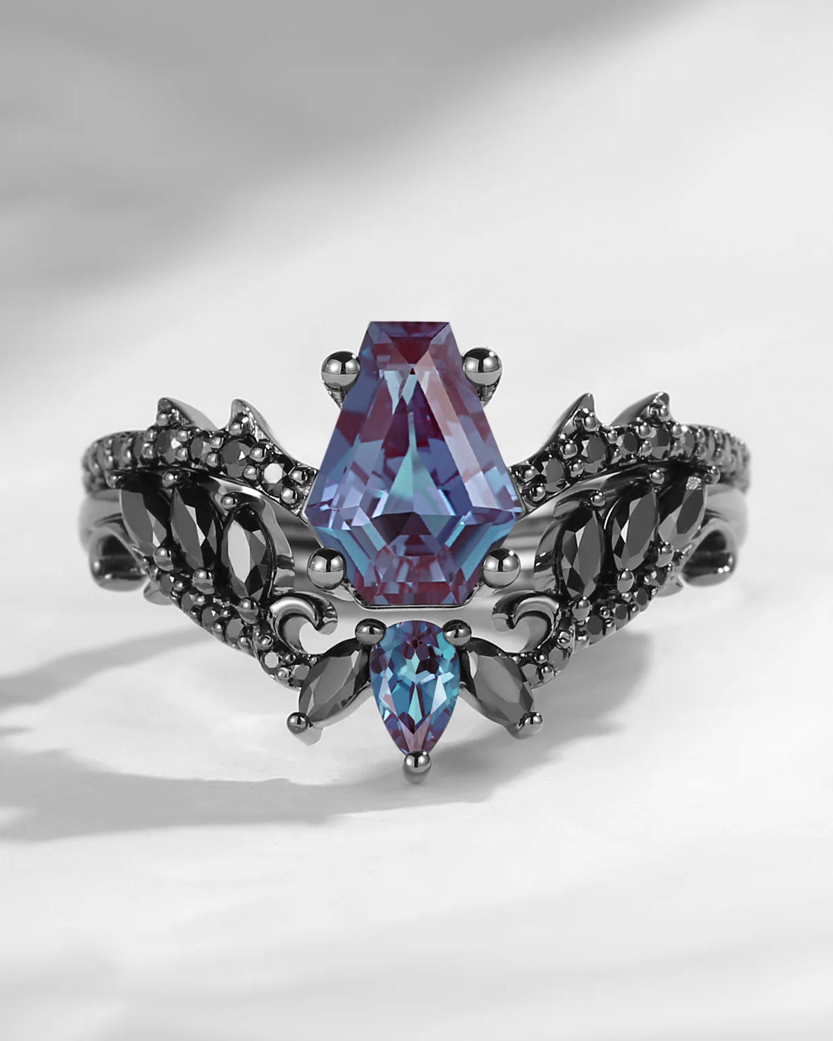 Gothic Style Coffin Lab Alexandrite Vine And Thorns Engagement Ring 2pcs