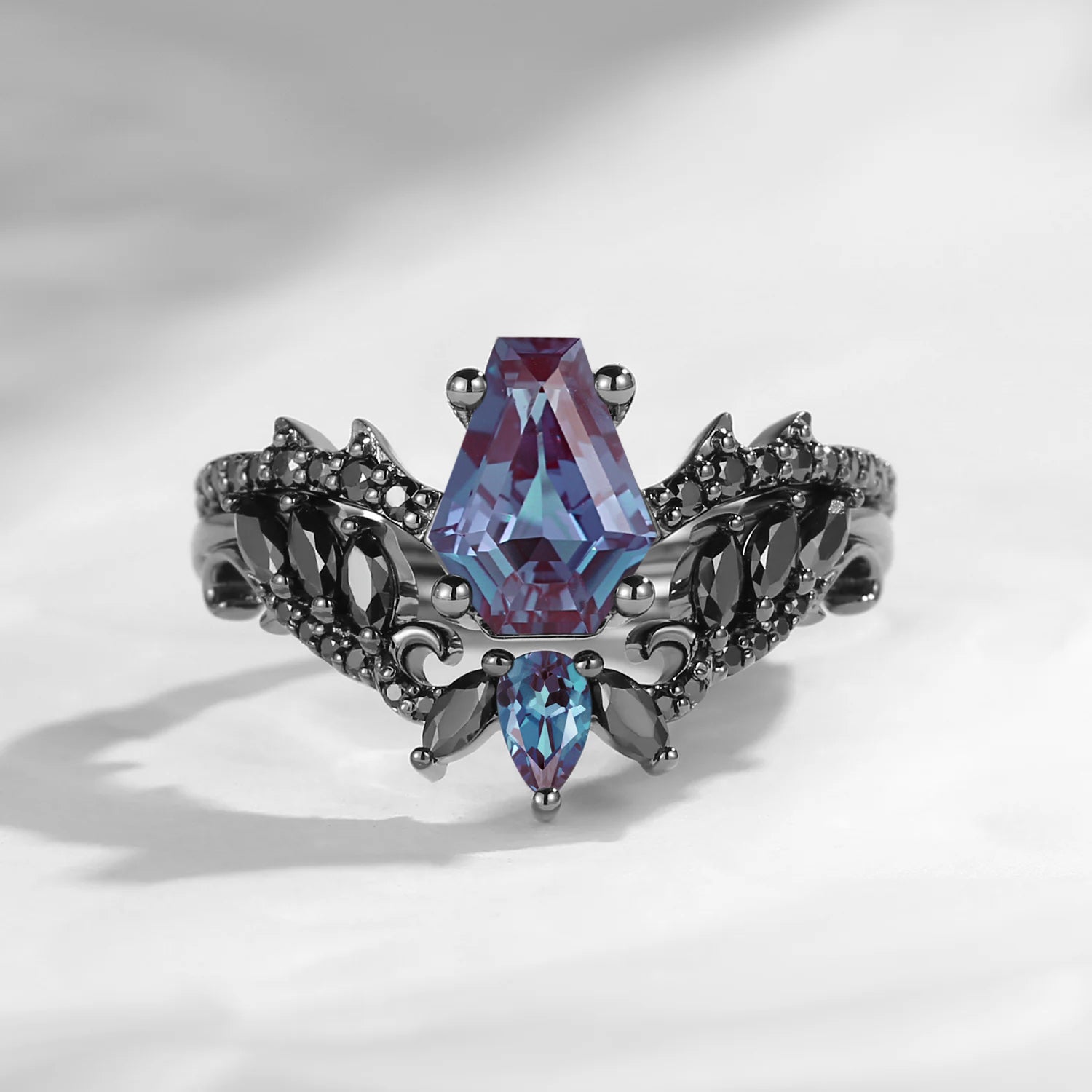 Gothic Style Coffin Lab Alexandrite Vine And Thorns Engagement Ring 2pcs