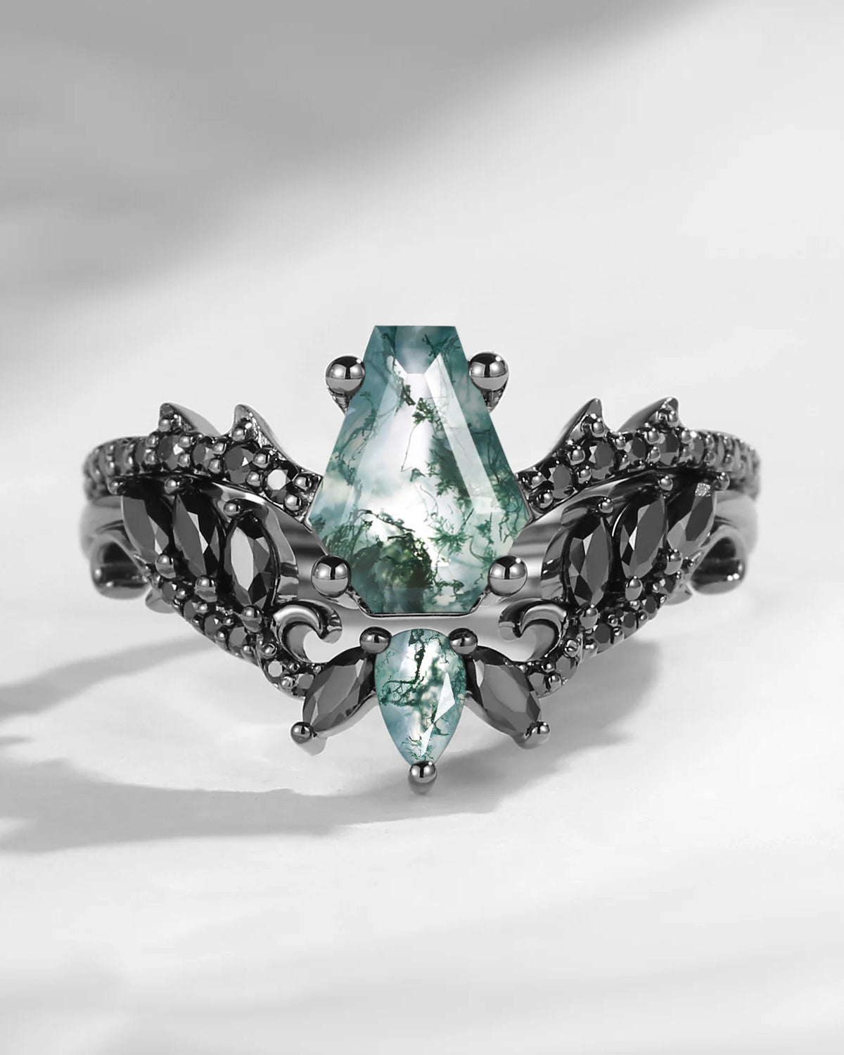 Gothic Style Coffin Moss Agate Vine And Thorns Engagement Ring 2pcs