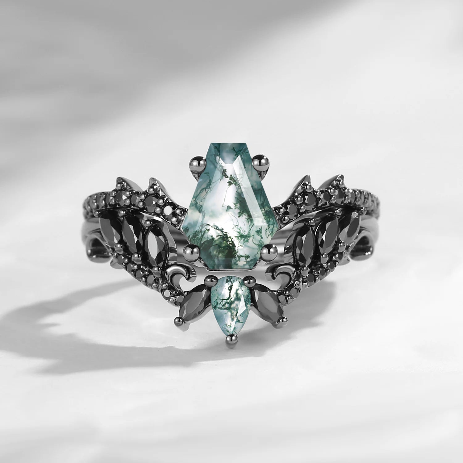 Gothic Style Coffin Moss Agate Vine And Thorns Engagement Ring 2pcs
