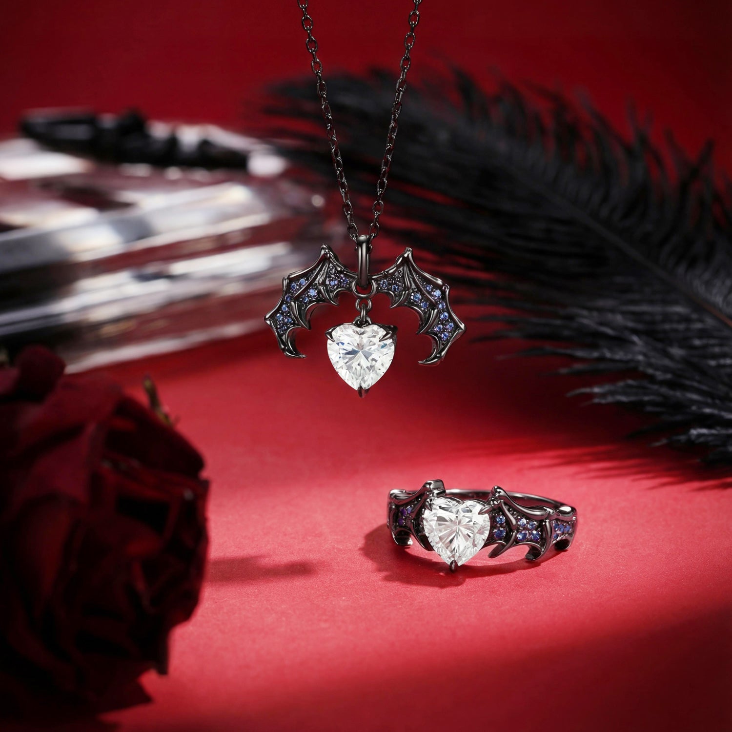 Gothic Inspired Heart Moissanite Black Gold Engagement Ring Jewelry Set - Bat Jewelry Box