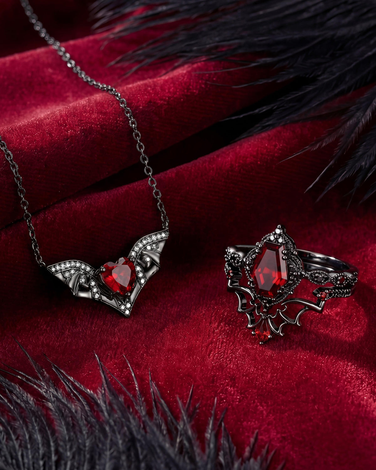 Gothic Style Coffin Garnet Bat Wing Inspired Black Gold Ring Jewelry Set - Bat Jewelry Box