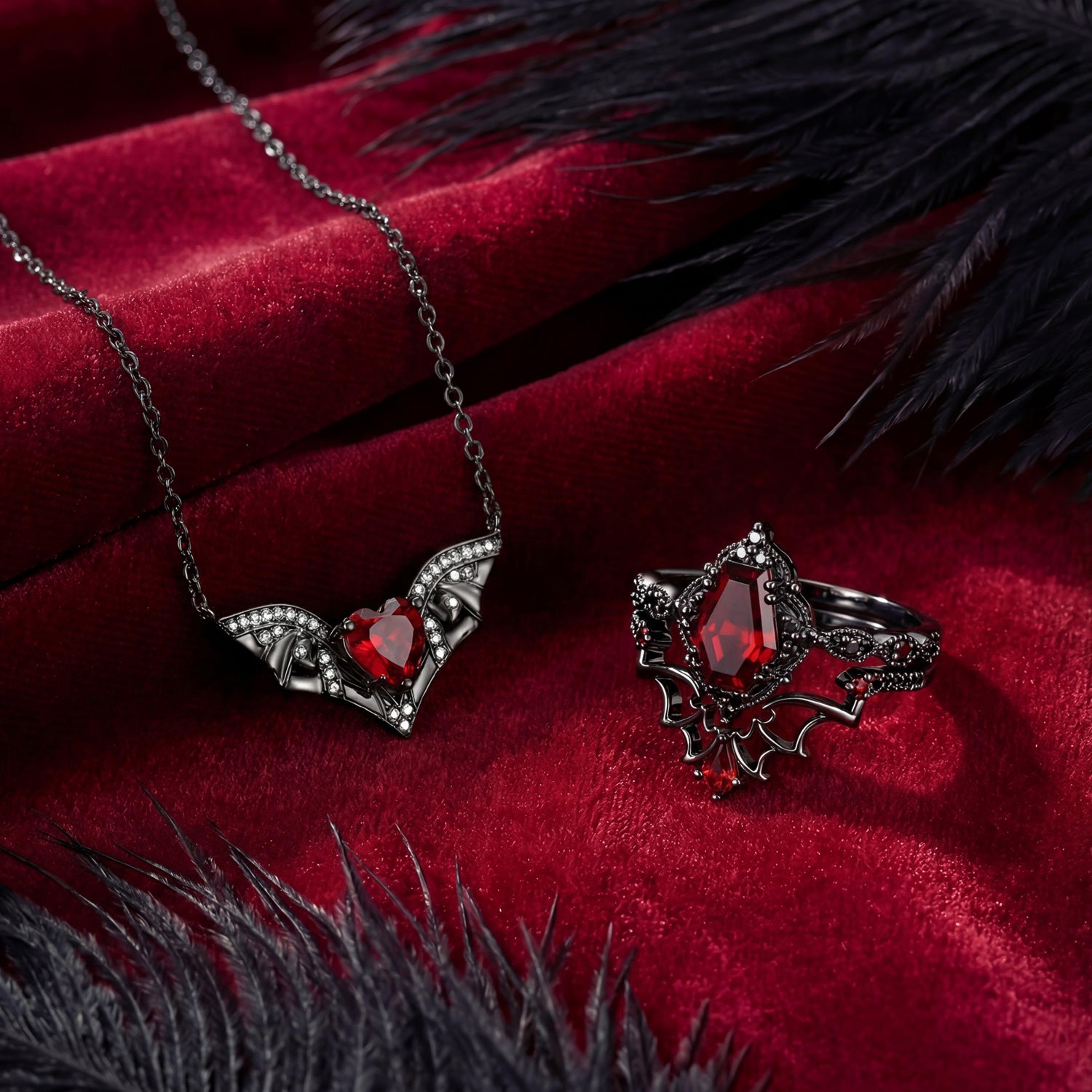 Gothic Style Coffin Garnet Bat Wing Inspired Black Gold Ring Jewelry Set - Bat Jewelry Box