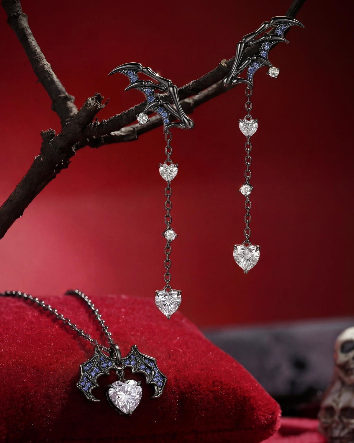 Gothic Bat Inspired Heart Moissanite Black Gold Jewelry Set - Bat Jewelry Box