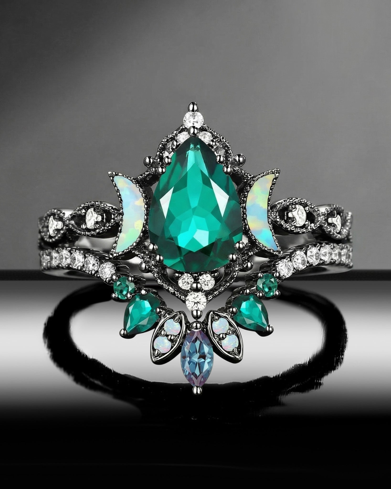 Crescent Moon | Pear Cut Lab Emerald 'Ultra Galaxy' Lab Opal Black Gold Engagement Ring Set 2pcs