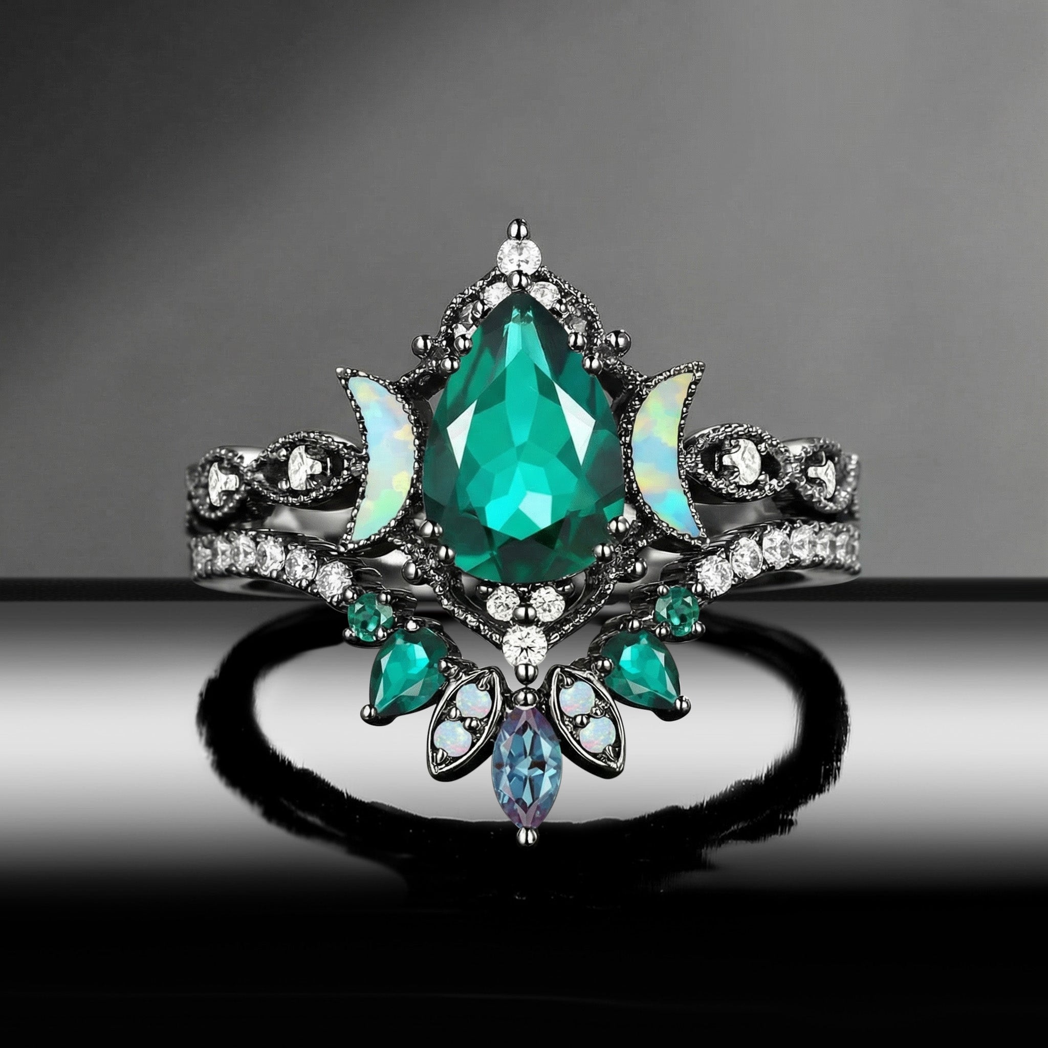 Crescent Moon | Pear Cut Lab Emerald 'Ultra Galaxy' Lab Opal Black Gold Engagement Ring Set 2pcs