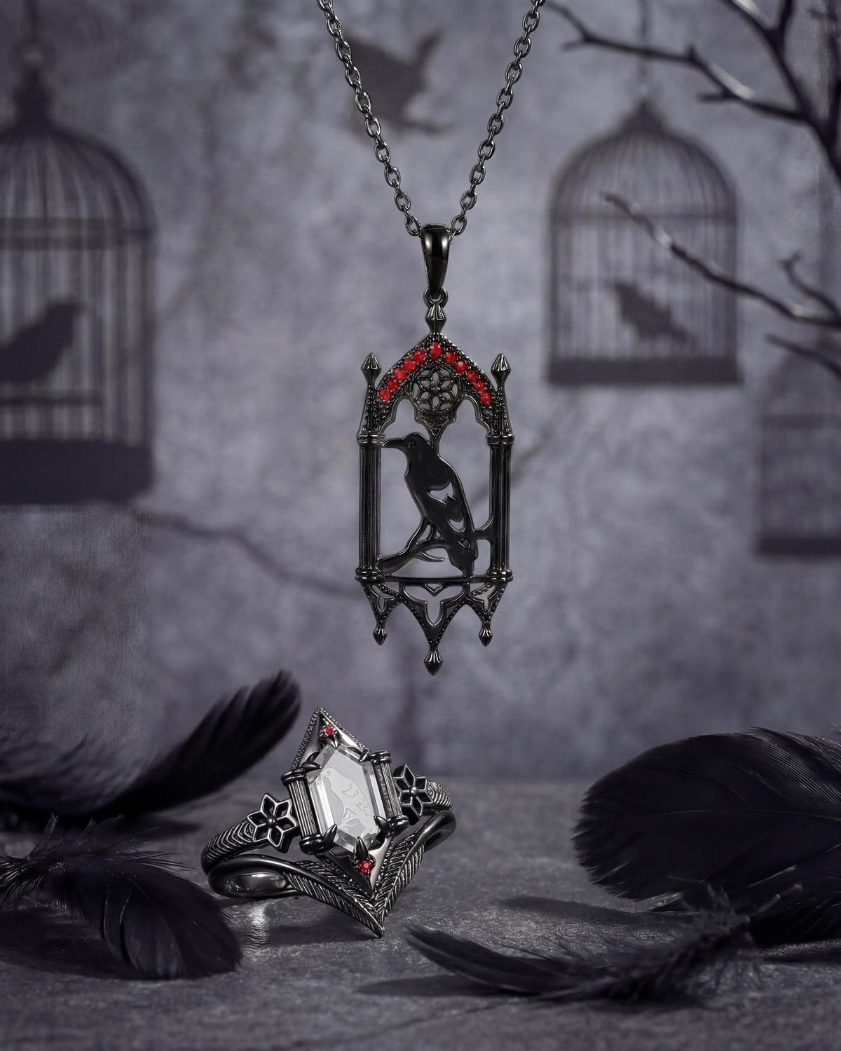 Unique Gothic Style Long Hexagon Moissanite See Through Inspired Black Gold Jewelry Sets - 'Caged Bird' Jewelry Box
