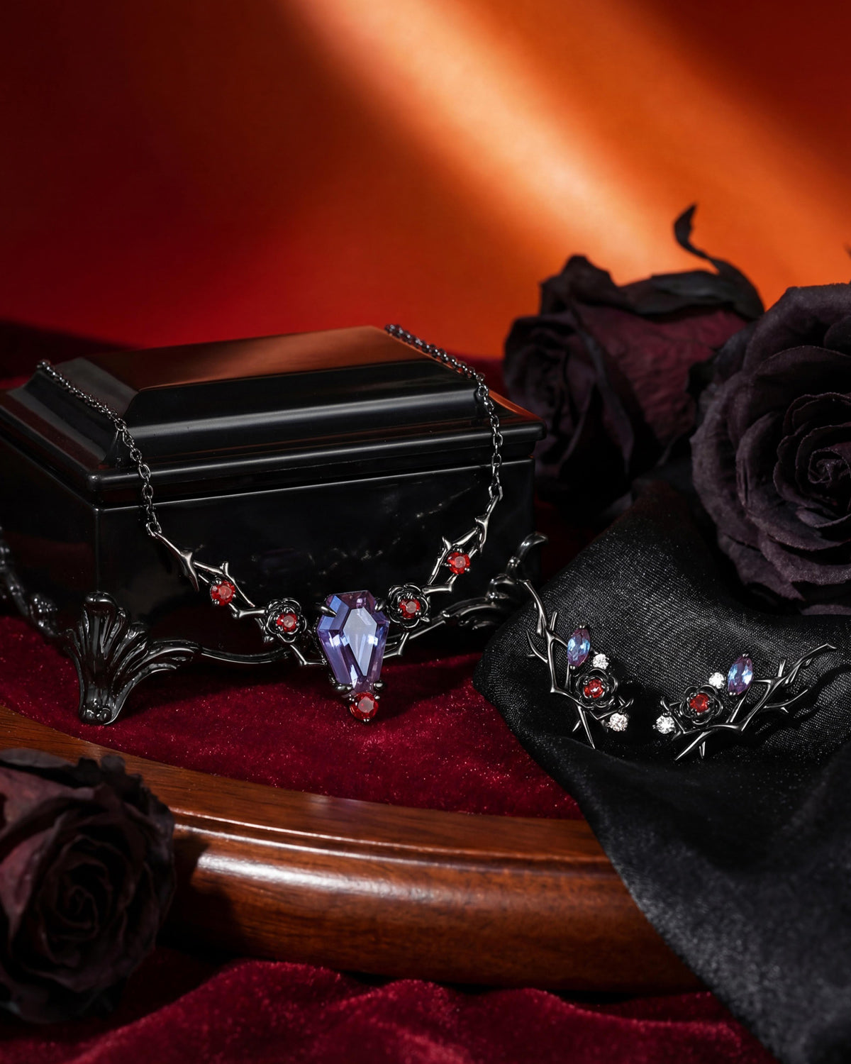Nature Inspired Coffin Lab Alexandrite Gothic Jewelry Set - 'Thorns & Roses' Jewelry Box