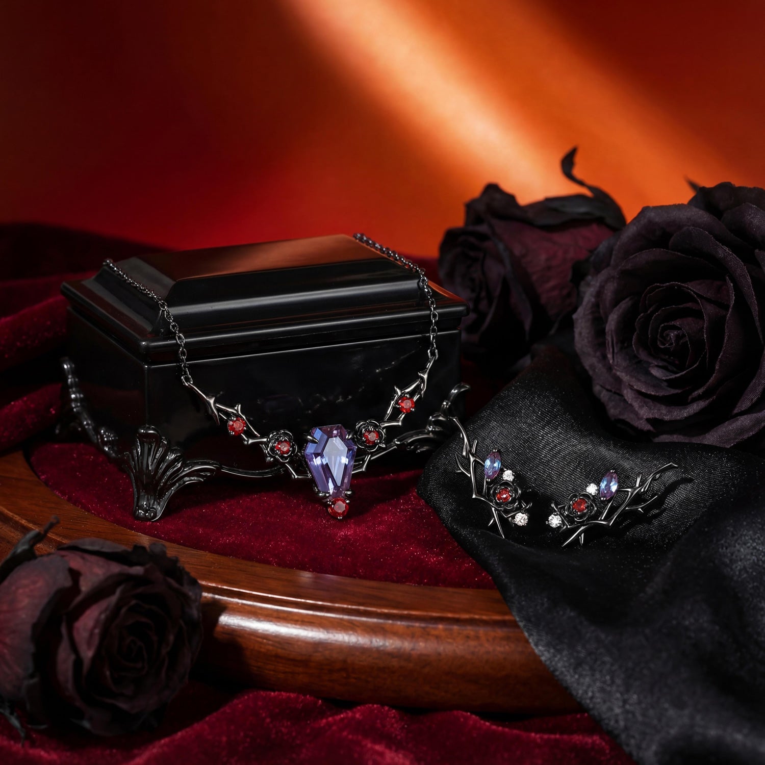 Nature Inspired Coffin Lab Alexandrite Gothic Jewelry Set - 'Thorns & Roses' Jewelry Box