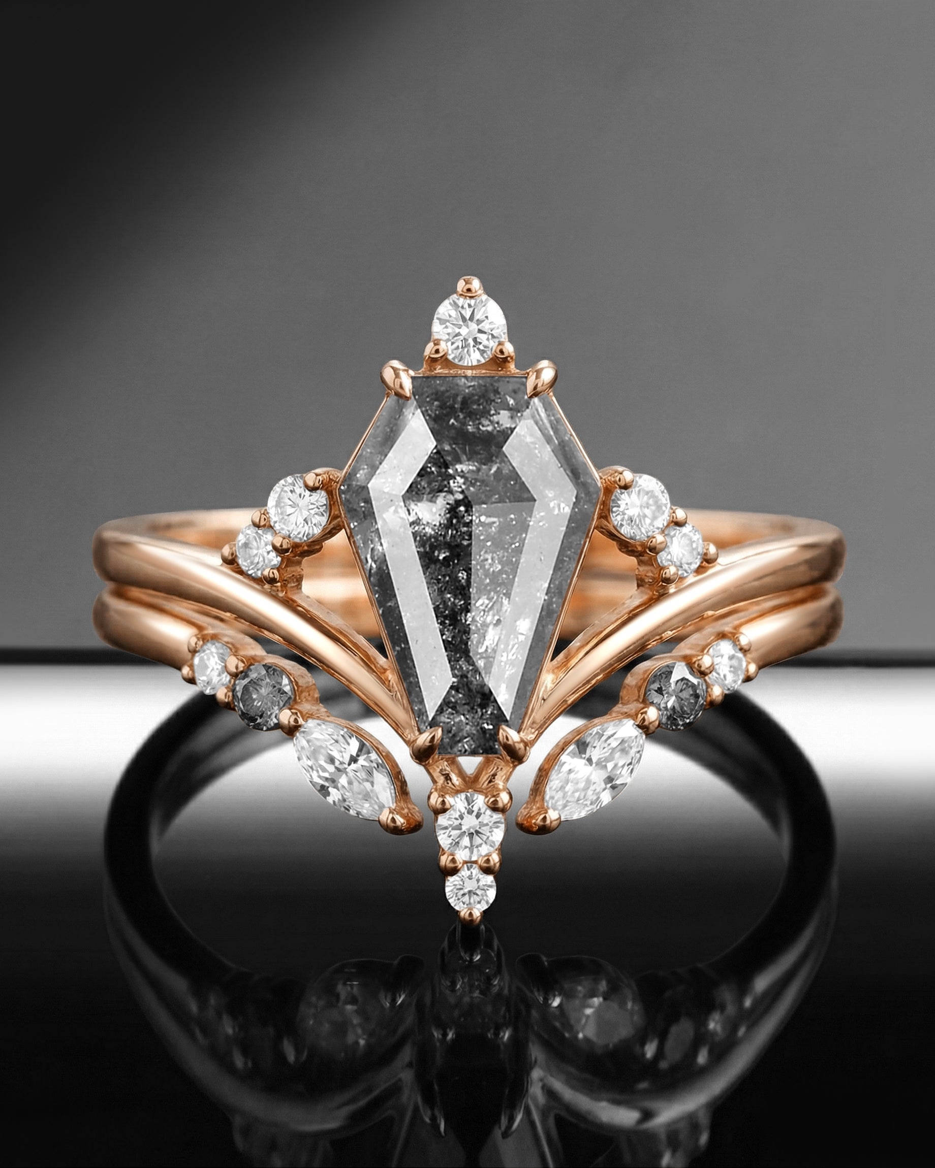 Coffin Cut Salt & Pepper Diamond Art-Deco Cluster Engagement Ring Set 2pcs - Loren