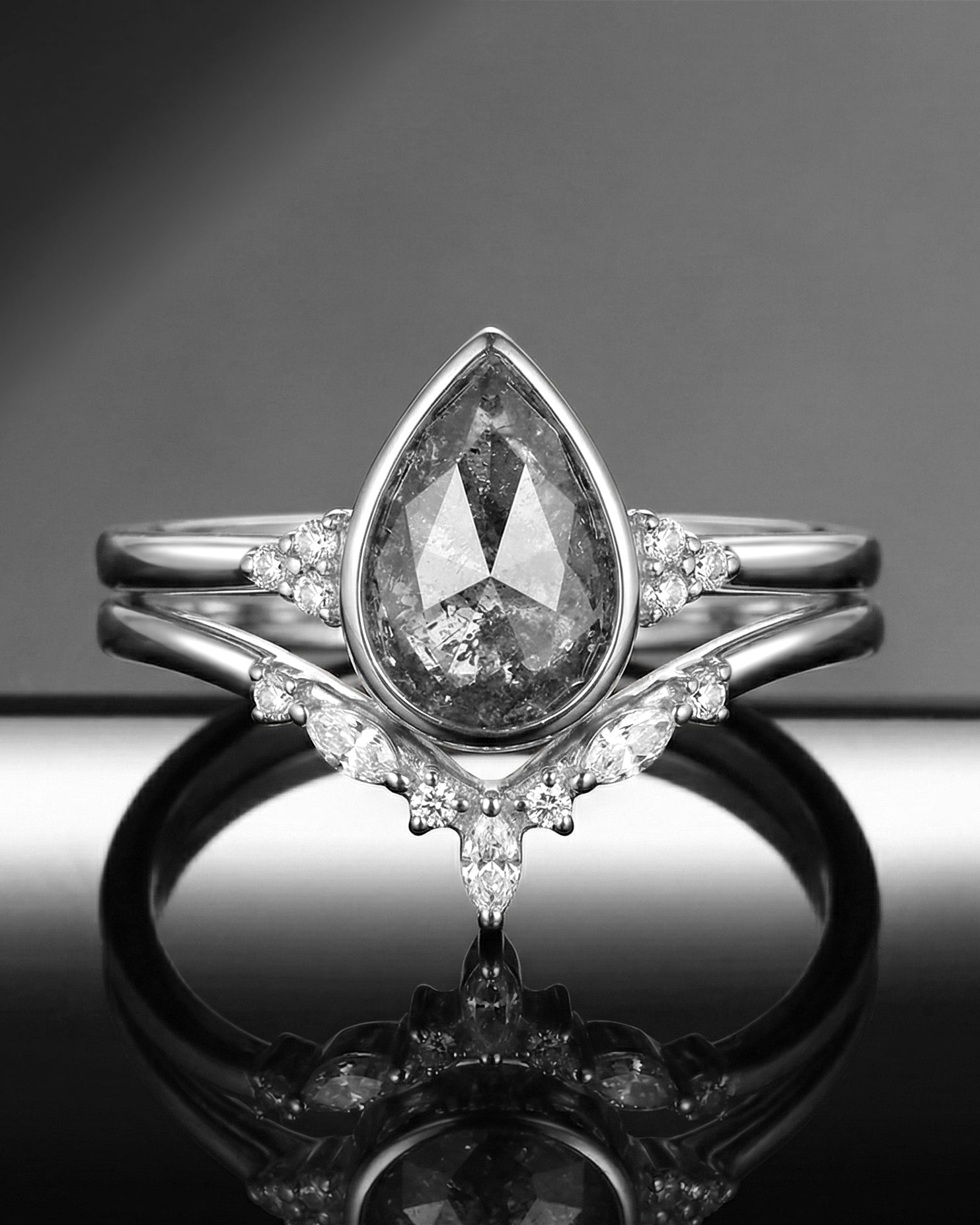 Pear Cut Salt and Pepper Diamond Bezel Classic Cluster Engagement Ring Set 2pcs