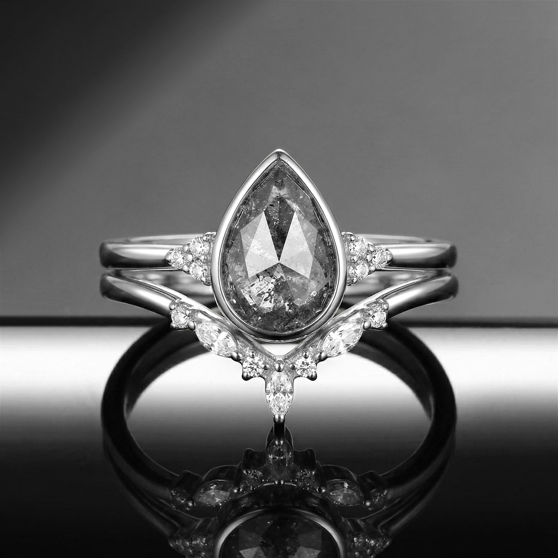 Pear Cut Salt and Pepper Diamond Bezel Classic Cluster Engagement Ring Set 2pcs