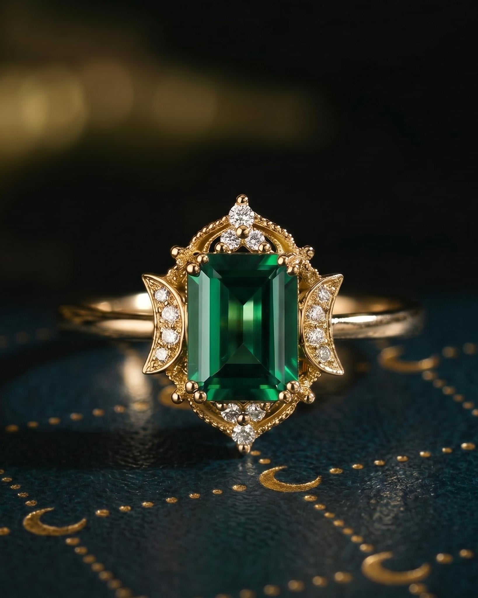 Crescent Moon | Vintage Style Lab Emerald Engagement Ring