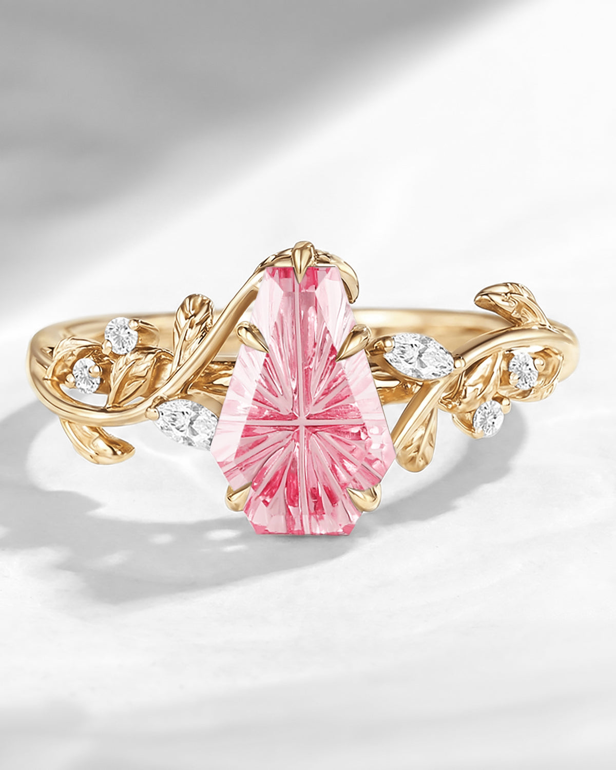 Garden of Eden - Nature Inspired Fantasy Carved Coffin Lab Pink Sapphire Leaf Vine Engagement Ring