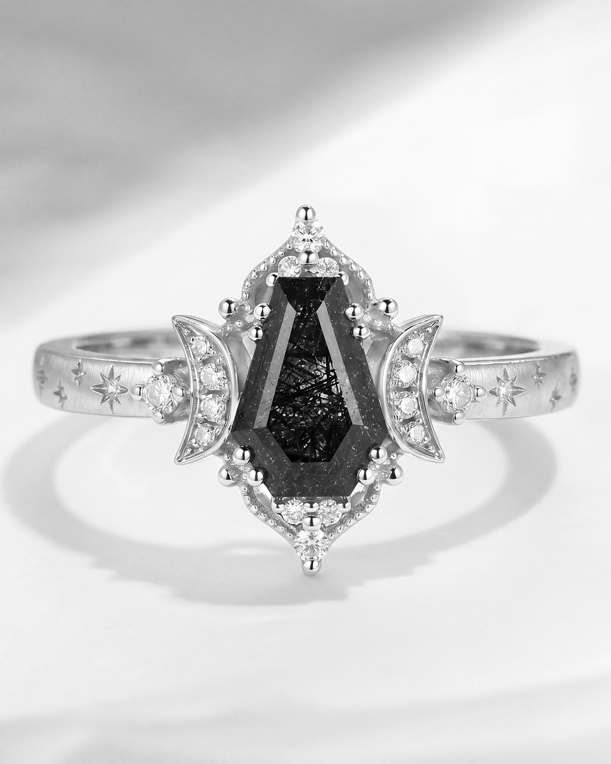 'Till Death Do Us Part' – Coffin Cut Black Rutilated Quartz Crescent Moon Engagement Ring with Star Engraved Band