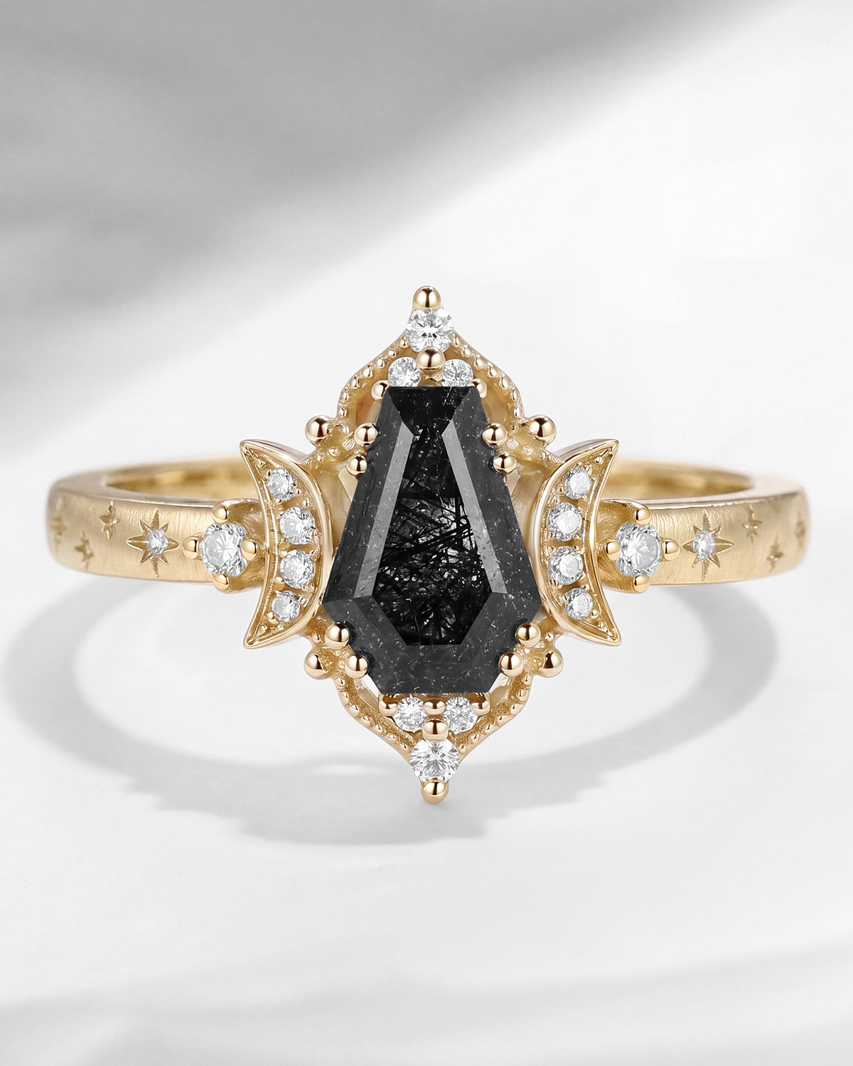 'Till Death Do Us Part' – Coffin Cut Black Rutilated Quartz Crescent Moon Engagement Ring with Star Engraved Band
