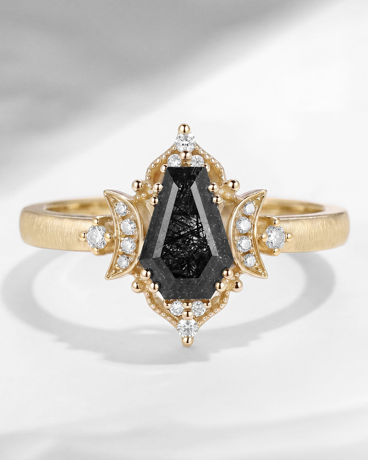 'Till Death Do Us Part' – Textured Coffin Cut Black Rutilated Quartz Crescent Moon Engagement Ring