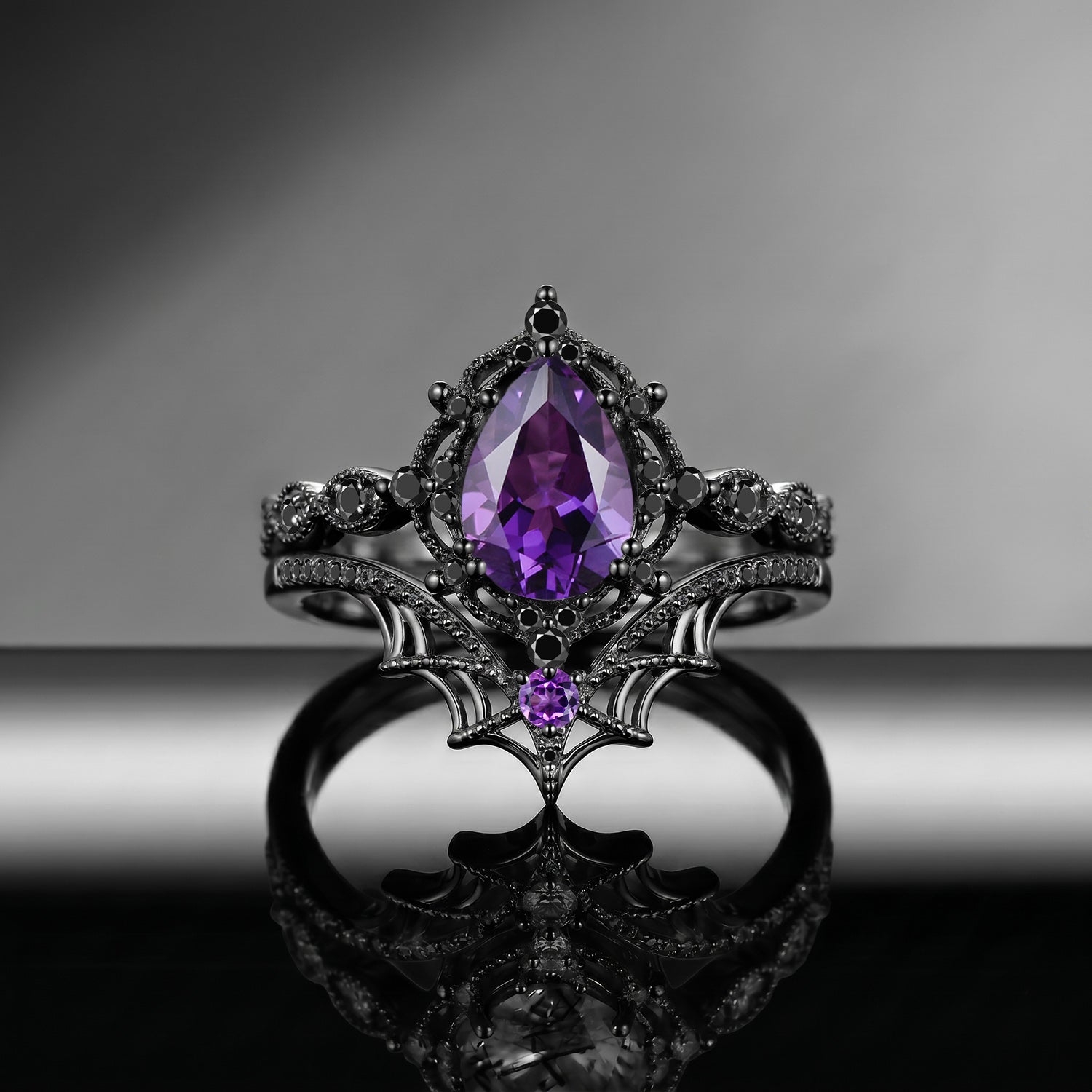 Spider Ring – Gothic Coffin Cut Amethyst Engagement Ring Set with Spider Web Inspired Milgrain Band