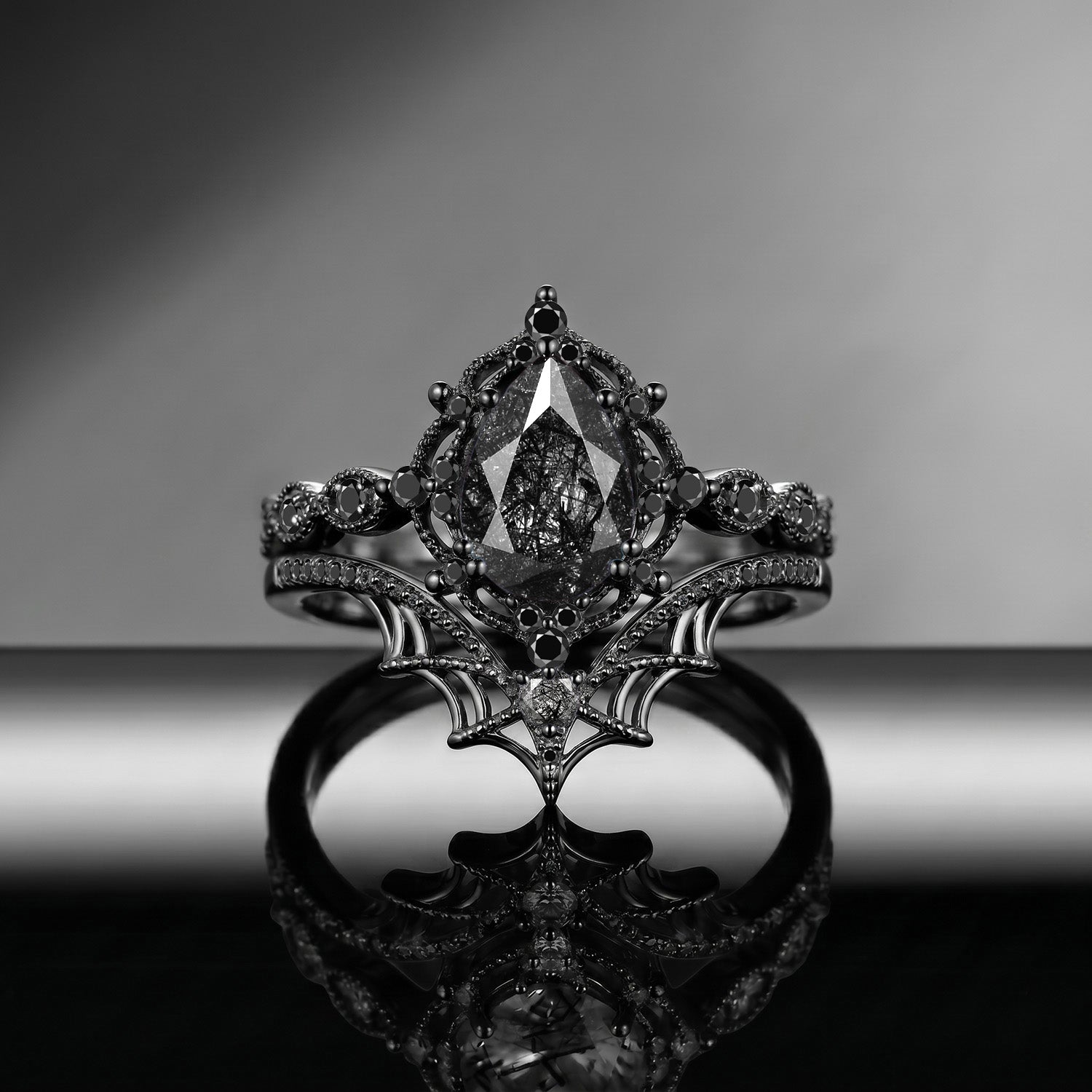 Spider Ring – Gothic Pear Cut Black Rutilated Quartz Engagement Ring Set with Spider Web Inspired Milgrain Band
