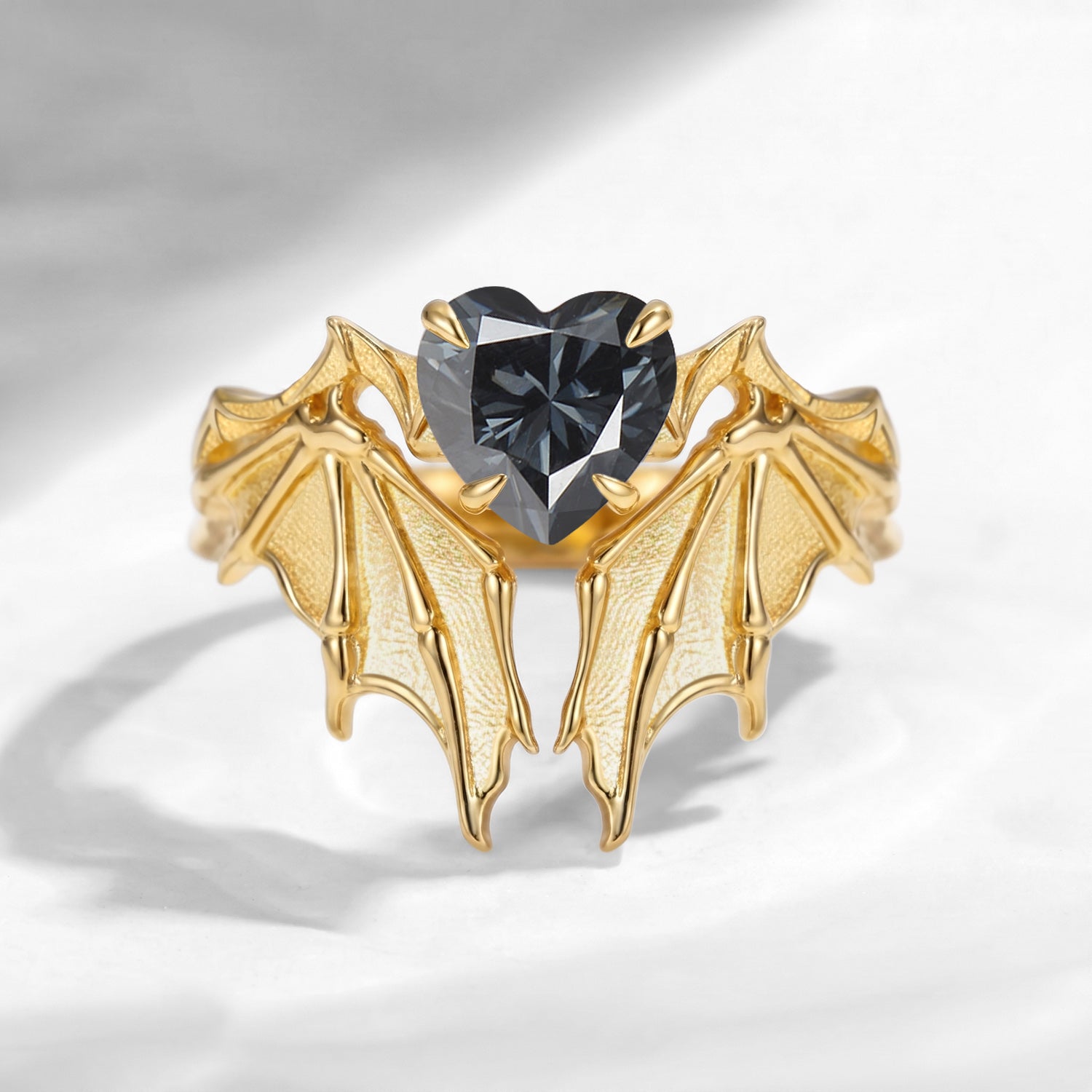 Bat Ring - Gothic Heart Grey Moissanite Matte Textured Engagement Ring Set with Bat Wing Inspired Band