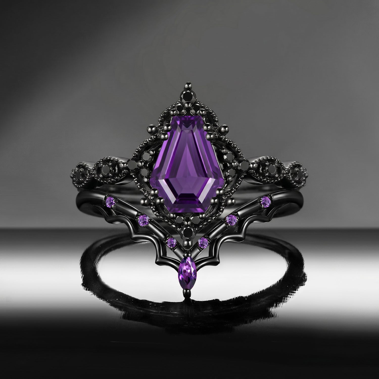 'Bat's Whisper' - Gothic Coffin Cut Amethyst Alternative Bridal Engagement Ring Set with Bat Wings in Black Gold