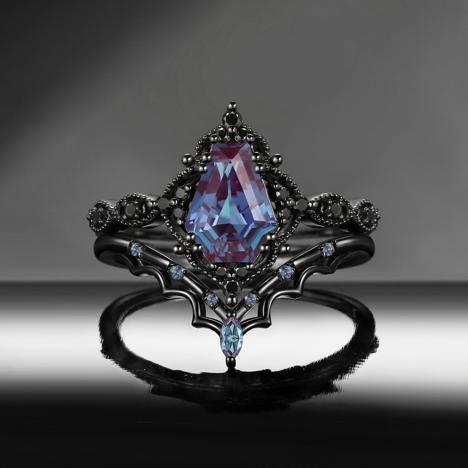 'Bat's Whisper' - Gothic Coffin Cut Color-Changing Alexandrite Engagement Ring Set with Bat Wings in Black Gold